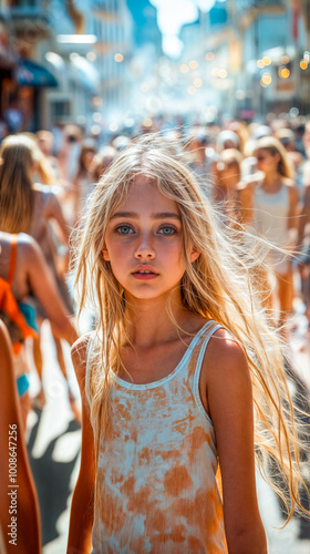 Jeune fille de face au milieu de la foule en mouvement photo