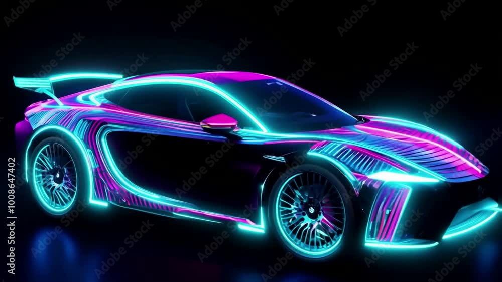 3D model of a futuristic sport car, bright neon lights on a black background. Generative AI
3D model of a futuristic sport car, bright neon lights on a black background. Generative AI