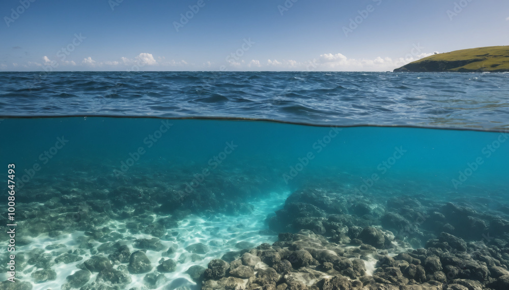 Underwater view of a rocky seafloor with clear blue water and a scenic coastline above
Underwater view of a rocky seafloor with clear blue water and a scenic coastline above