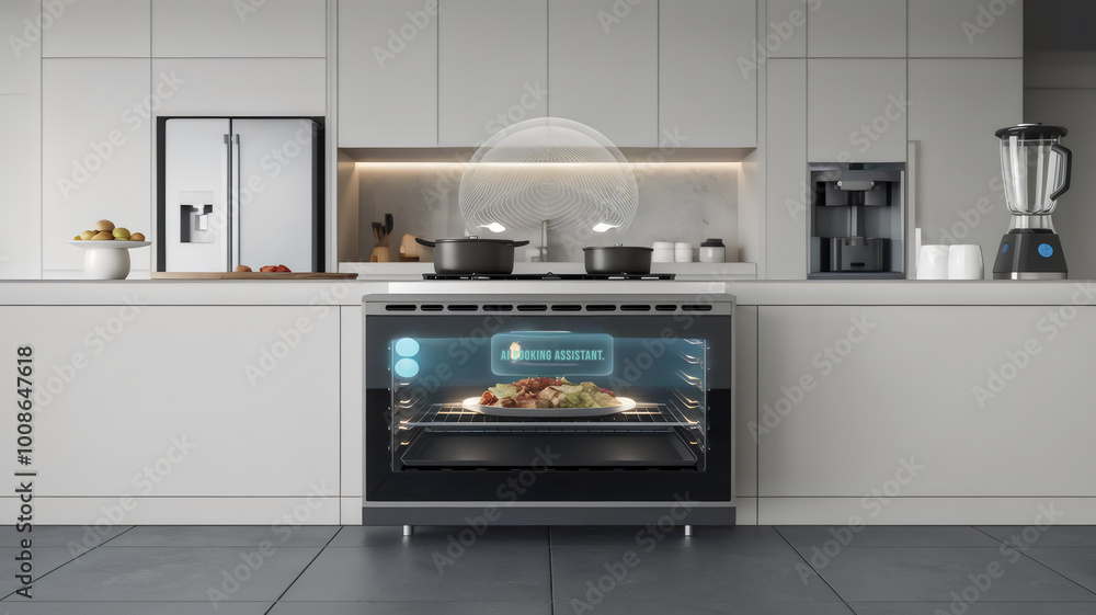An AI-enhanced smart oven in a contemporary kitchen, independently cooking a delicious meal. An AI-enhanced smart oven in a contemporary kitchen, independently cooking a delicious meal.