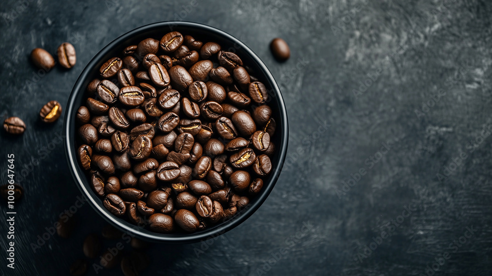 top view of coffee beans on dark decorative background