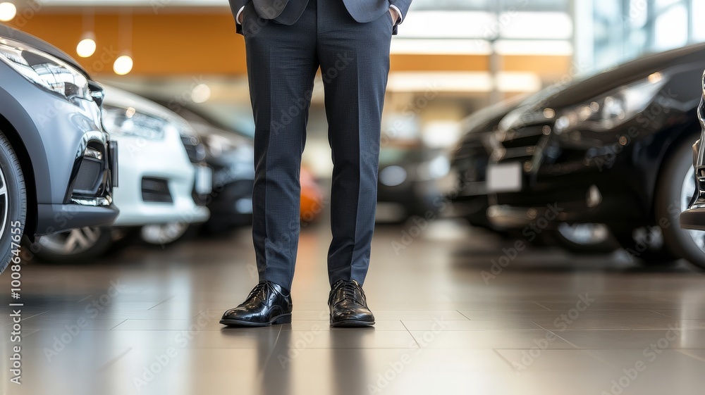 Fototapeta premium A suited professional stands confidently among luxury cars in a modern showroom during daylight hours