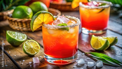 Refreshing cocktail with a salt rim garnished with lime slices on a wooden table, summer vibes