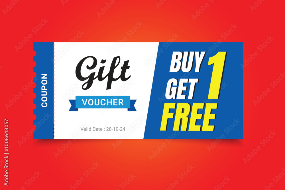 Gift voucher coupon with special bogo offer, buy 1 get 1 free gift voucher, BOGO gift voucher offer with red gradient background. Gift voucher coupon with special bogo offer, buy 1 get 1 free gift voucher, BOGO gift voucher offer with red gradient background.