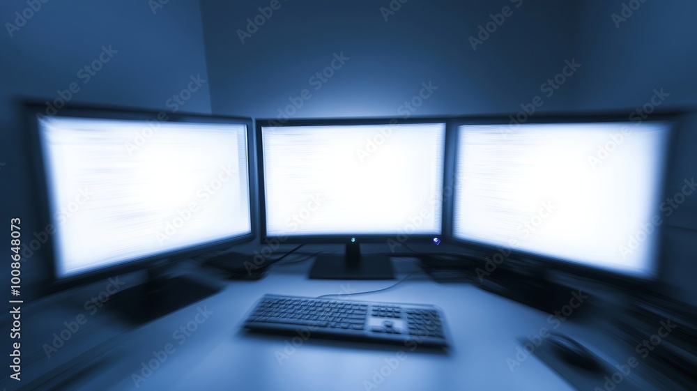 A dimly lit workspace featuring three computer monitors displaying bright screens and a keyboard during late night hours A dimly lit workspace featuring three computer monitors displaying bright screens and a keyboard during late night hours