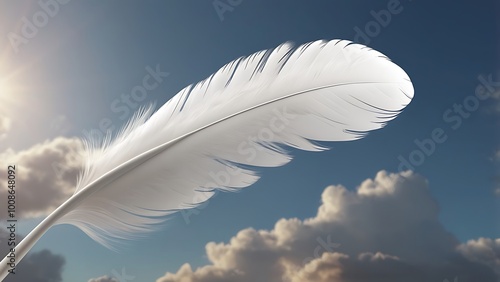 A 3D render of a delicate white feather floating in the air, symbolizing protection, spirituality, and good fortune, often believed to be a sign of guardian angels.