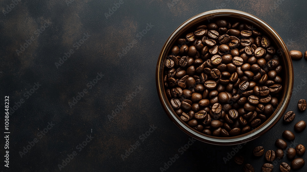 top view of coffee beans on dark decorative background top view of coffee beans on dark decorative background