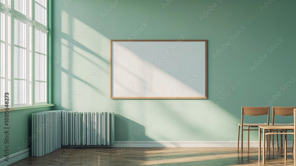 Obraz premium A serene interior space featuring a green wall, sunlight streaming through windows, and a blank whiteboard waiting for ideas.