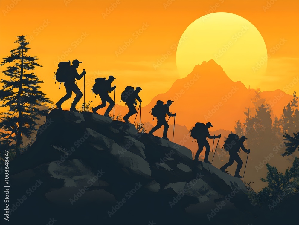 Fototapeta premium Mountaineers working as a teamwork, vector design