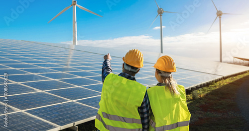 People working for alternative energy farm - Wind turbine power generators process and solar panels - Green energy concept - Focus on man's helmet