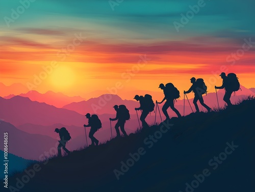 Mountaineers working as a teamwork, vector design