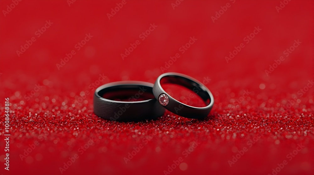 A close up image of two sleek elegant wedding rings resting on a sumptuous bed of rich red velvet fabric The rings symbolize the commitment and eternal bond of a loving marriage or engagement A close up image of two sleek elegant wedding rings resting on a sumptuous bed of rich red velvet fabric The rings symbolize the commitment and eternal bond of a loving marriage or engagement