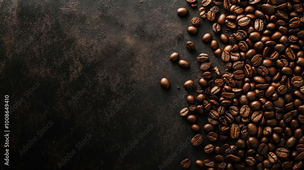 top view of coffee beans on dark decorative background top view of coffee beans on dark decorative background