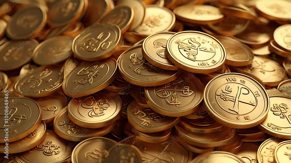 A close-up 3D render of a pile of gold fortune coins, inscribed with lucky symbols from different cultures, representing wealth, good luck, and prosperity A close-up 3D render of a pile of gold fortune coins, inscribed with lucky symbols from different cultures, representing wealth, good luck, and prosperity