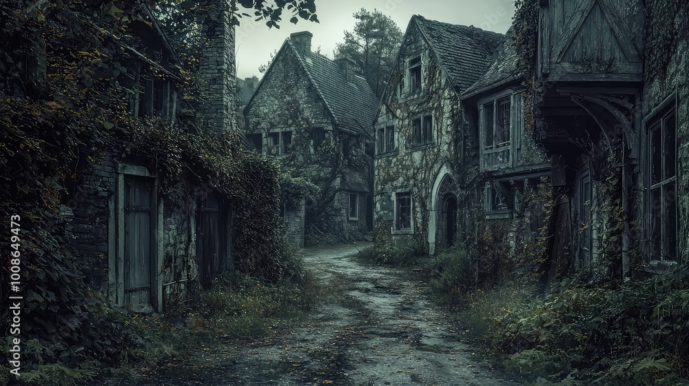 A haunting view of an abandoned village, featuring overgrown paths and crumbling stone houses under a moody sky. A haunting view of an abandoned village, featuring overgrown paths and crumbling stone houses under a moody sky.