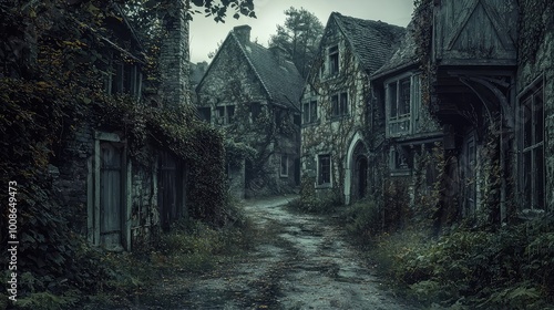 A haunting view of an abandoned village, featuring overgrown paths and crumbling stone houses under a moody sky.