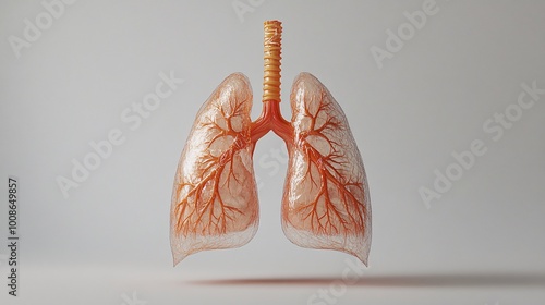 Detailed Front View of Human Respiratory System with Lungs and Trachea on Plain Background for Medical Concepts with Copy Space