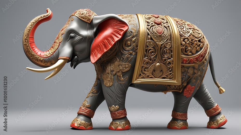 Fototapeta premium A 3D render of a decorative elephant with its trunk raised, symbolizing strength, good fortune, and protection, often displayed in homes for peace, power, and prosperity. 