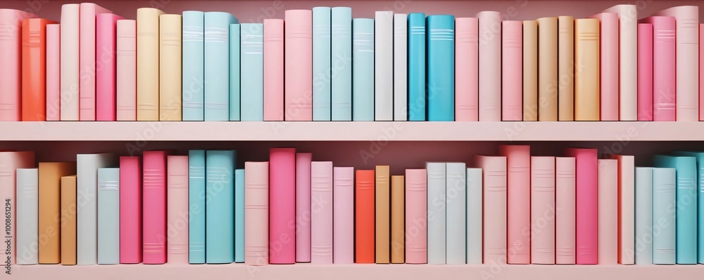 Fototapeta premium Colorful books arranged on a shelf create a vibrant and inviting reading atmosphere for book lovers and students alike.