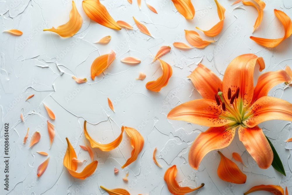 Creative Floral Design: Orange Lily with Artistic Petal Arrangement
Creative Floral Design: Orange Lily with Artistic Petal Arrangement