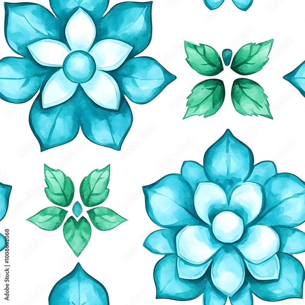 Obraz premium Watercolor Blue and Green Floral Pattern Seamless Repeat
