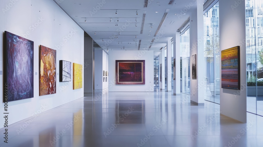 A modern art gallery showcasing vibrant paintings on white walls, with sleek flooring and ample natural light illuminating the space. A modern art gallery showcasing vibrant paintings on white walls, with sleek flooring and ample natural light illuminating the space.