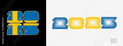 Year 2025 with flag of Sweden and in color palate of Sweden flag. Happy New Year 2025 in two different style.