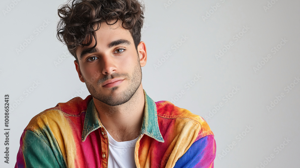 A man with a beard and moustache is wearing a colourful shirt A man with a beard and moustache is wearing a colourful shirt