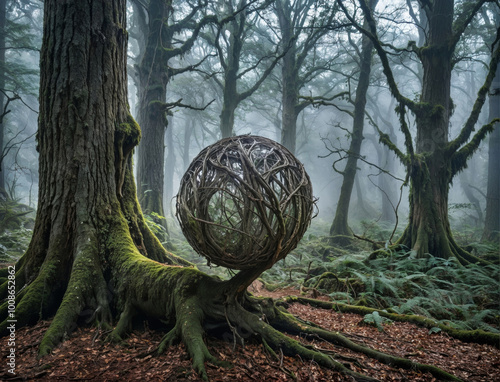 Enigmatic Whispers of the Mistywood: A Woven Sphere Amidst Ancient Trees photo