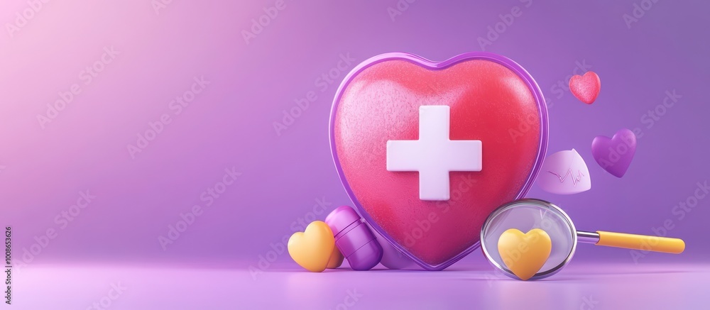 Fototapeta premium 3D heart with a plus sign and magnifying glass on a purple backg