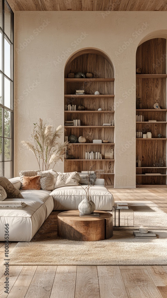 A modern living room featuring a cozy sofa, wooden shelves, and natural decor elements, creating a warm and inviting atmosphere. A modern living room featuring a cozy sofa, wooden shelves, and natural decor elements, creating a warm and inviting atmosphere.