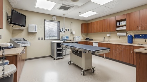 A modern medical exam room with essential equipment, clean surfaces, and a professional atmosphere for patient care.