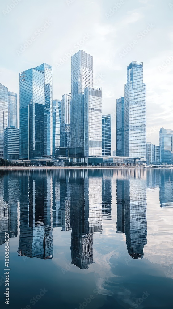 Fototapeta premium A modern skyline reflecting in calm waters, showcasing towering buildings and a serene urban landscape.