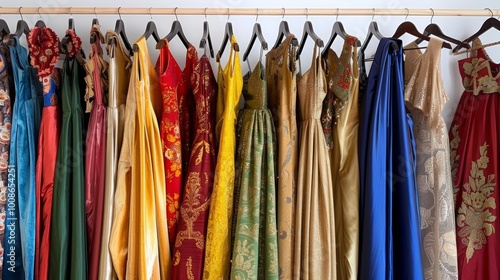 Colorful collection of traditional garments hanging on a rack in a fashion studio with rich textures and intricate designs