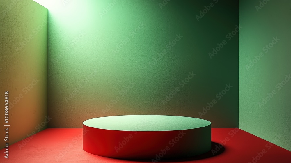 Red podium with green backdrop Red podium with green backdrop