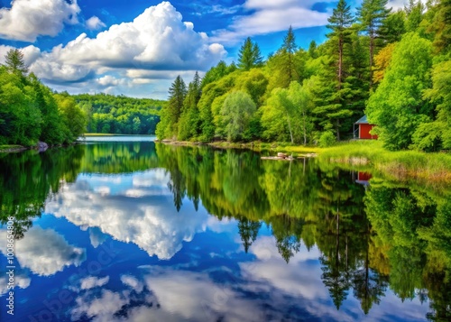 Scenic Landscape of Glen Arbour Michigan with Lush Greenery and Serene Water Reflections