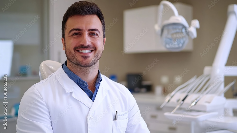 Male dentist smiling in dental clinic. Dentistry concept, healthy white teeth. Dentist in office. Male dentist smiling in dental clinic. Dentistry concept, healthy white teeth. Dentist in office.