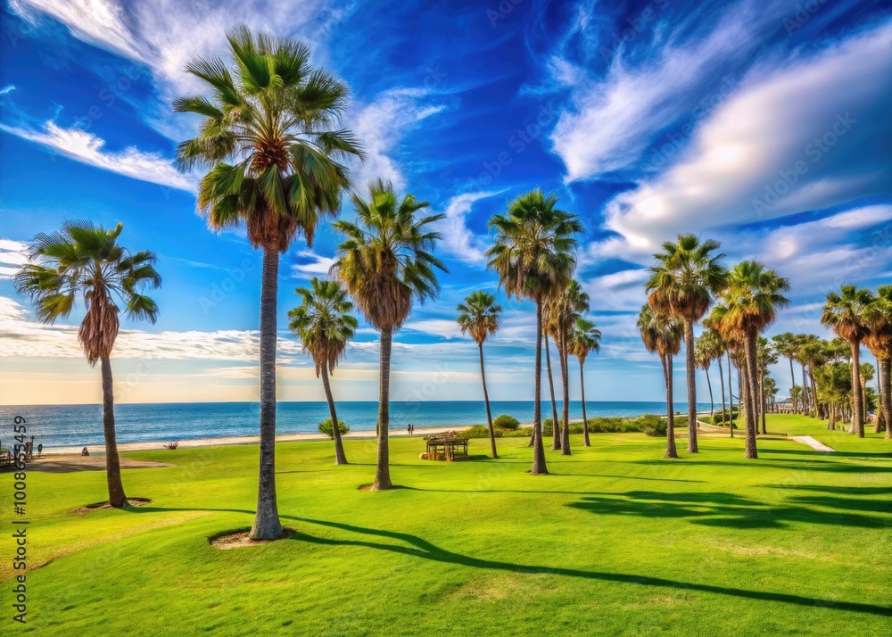 Scenic Oxnard Beach Park with Lush Green Grass, Palm Trees, and Vibrant Blue Ocean Under Clear Sky Scenic Oxnard Beach Park with Lush Green Grass, Palm Trees, and Vibrant Blue Ocean Under Clear Sky