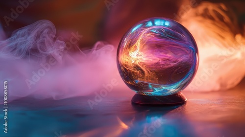 A mystical crystal ball surrounded by colorful smoke, radiating vibrant light patterns, perfect for fantasy or fortune-telling themes.