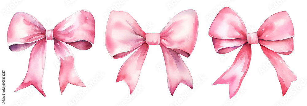 Watercolor set of three pink bows isolated on white background. Watercolor set of three pink bows isolated on white background.