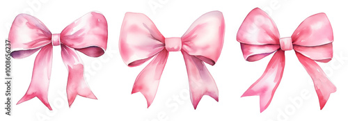 Watercolor set of three pink bows isolated on white background.