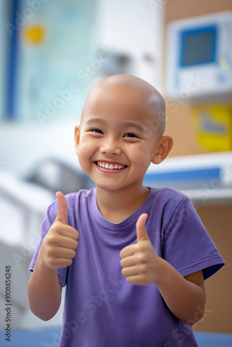 Smiling asian child cancer patient. Happy small kid in purple t-shirt showing thumbs up in hospital room during cancer treatment