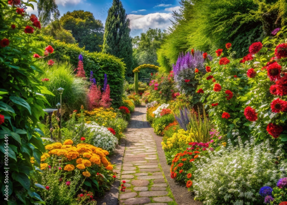 Scenic view of a tranquil garden path surrounded by vibrant flowers and lush greenery in summer Scenic view of a tranquil garden path surrounded by vibrant flowers and lush greenery in summer