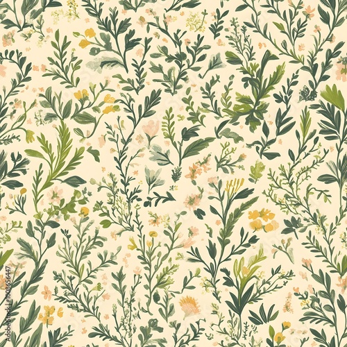 Watercolor Floral Seamless Pattern Vintage Botanical Illustration Green Leaves Yellow and Peach Flowers on Cream Background