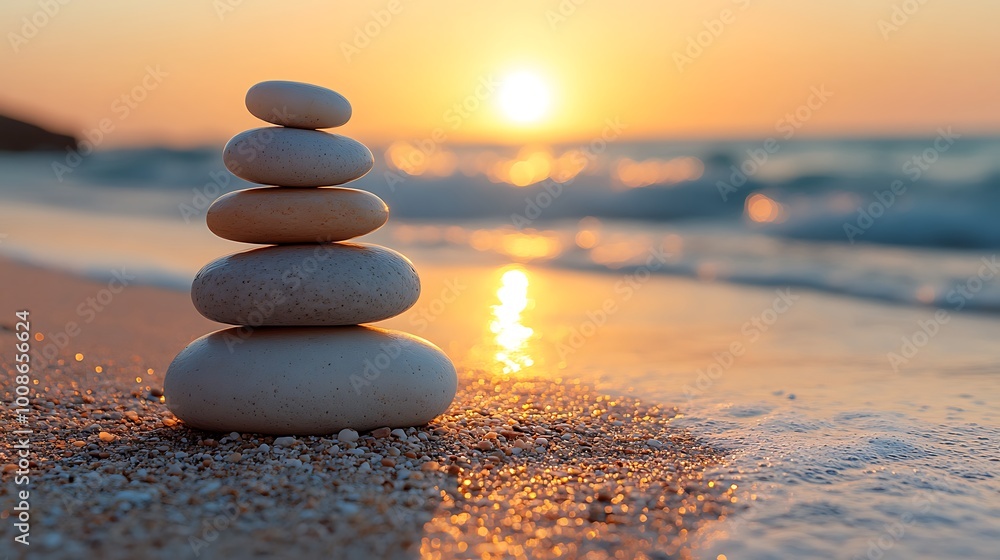 Balanced stones stacked on a tranquil sandy beach in sunset with a serene ocean backdrop, calm relaxation meditation wellness Balanced stones stacked on a tranquil sandy beach in sunset with a serene ocean backdrop, calm relaxation meditation wellness