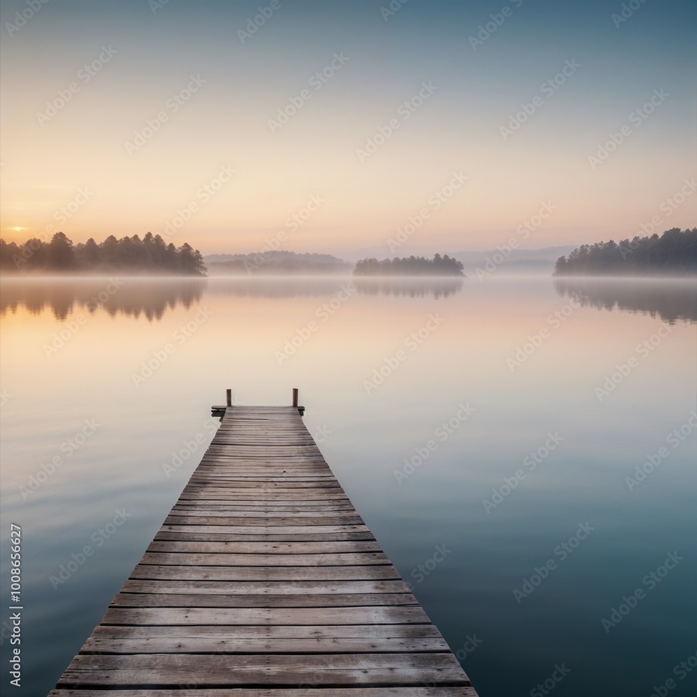 Serene dock extending into a calm lake at sunrise, representing peace and tranquility in nature. Serene dock extending into a calm lake at sunrise, representing peace and tranquility in nature.