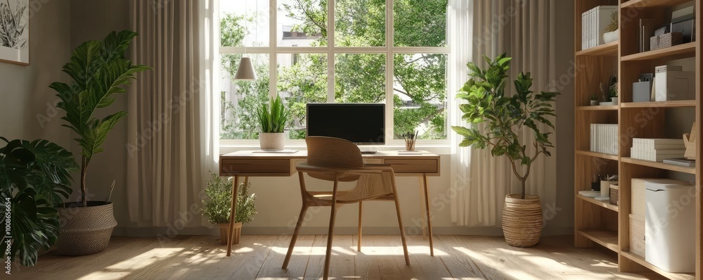A tidy and bright home office setup with modern furniture, plants, and a large window letting in natural light. A tidy and bright home office setup with modern furniture, plants, and a large window letting in natural light.