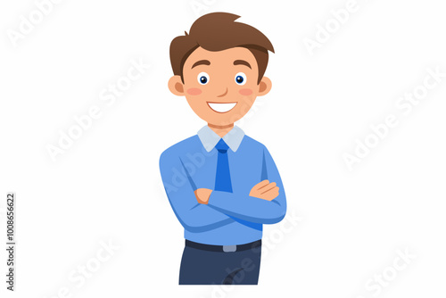 Portrait of a smiling business man wearing a blue shirt and grey pants standing with her arms crossed isolated on a white background. vector art illustration.