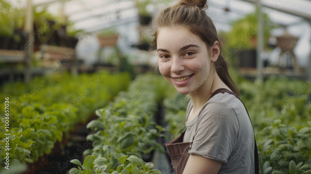 Young woman tending to plants in a greenhouse, surrounded by lush greenery and vibrant foliage during daylight hours Young woman tending to plants in a greenhouse, surrounded by lush greenery and vibrant foliage during daylight hours