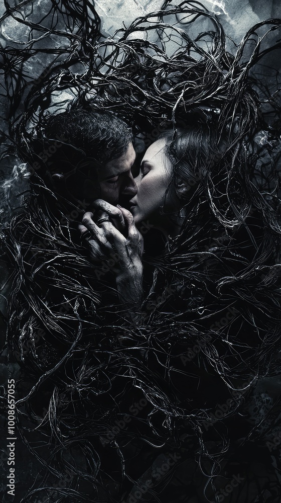 A passionate embrace between two lovers entwined in dark, twisted branches, symbolizing both love and entrapment. A passionate embrace between two lovers entwined in dark, twisted branches, symbolizing both love and entrapment.